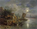 nightly coastal landscape with fisherboats